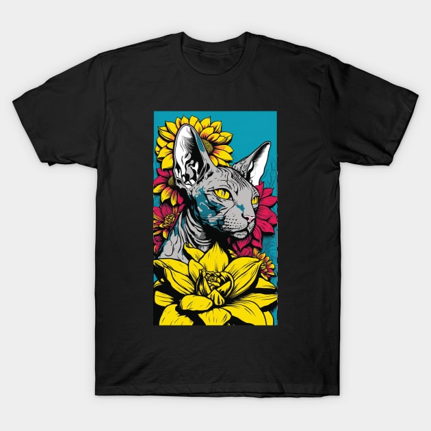 Sphynx Cat Vibrant Tropical Flower Tall Retro Vintage Digital Pop Art Portrait 3 T-Shirt by ArtHouseFlunky